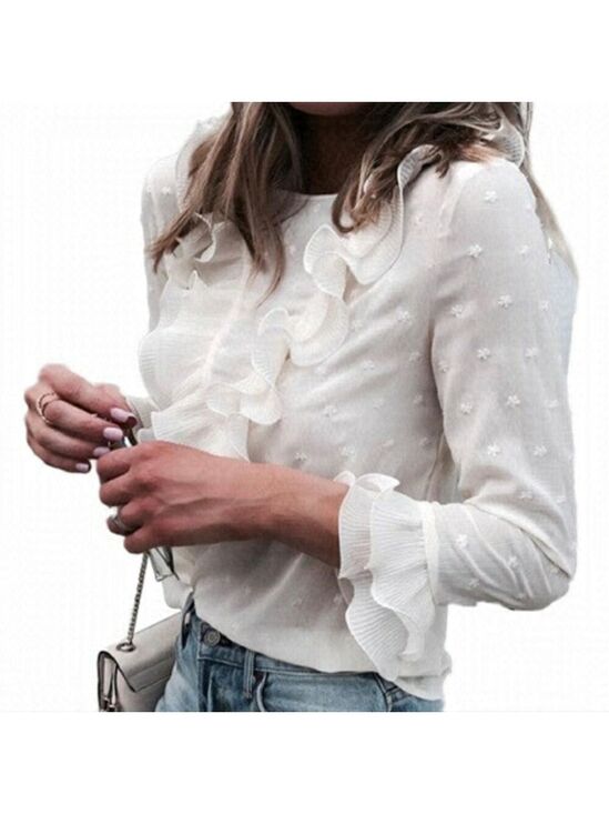 Trïbe Fashions Tops - White Sheer Swiss Dot Ruffled Business Casual Blouse Size Small NWT